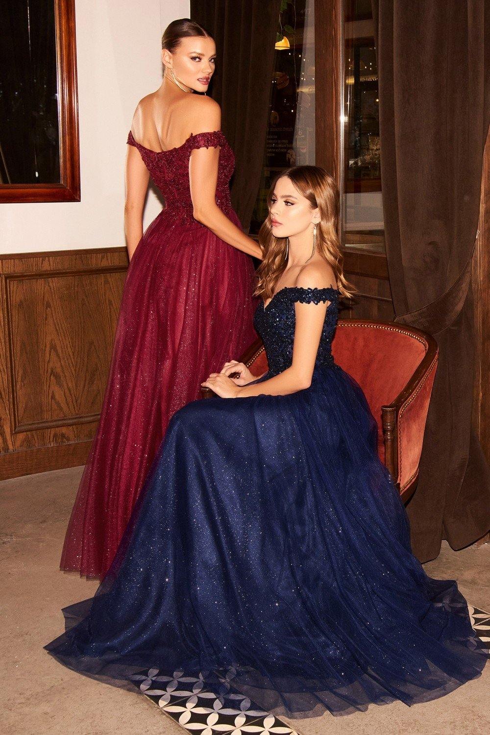 Burgundy Cinderella Divine CD0177 Off Shoulder Long Prom Dress for $179.0 – The Dress Outlet