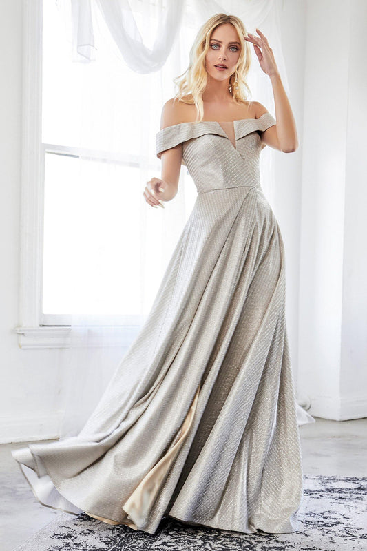 Long Formal Off Shoulder Metallic Prom Dress Platinum