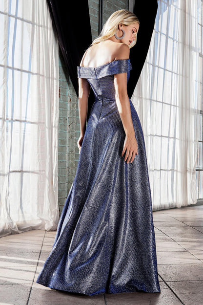 Long Formal Off Shoulder Metallic Prom Dress Cobalt