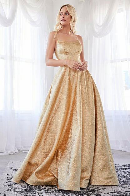 Long Spaghetti Strap Metallic Prom Ball Gown - The Dress Outlet Cinderella Divine