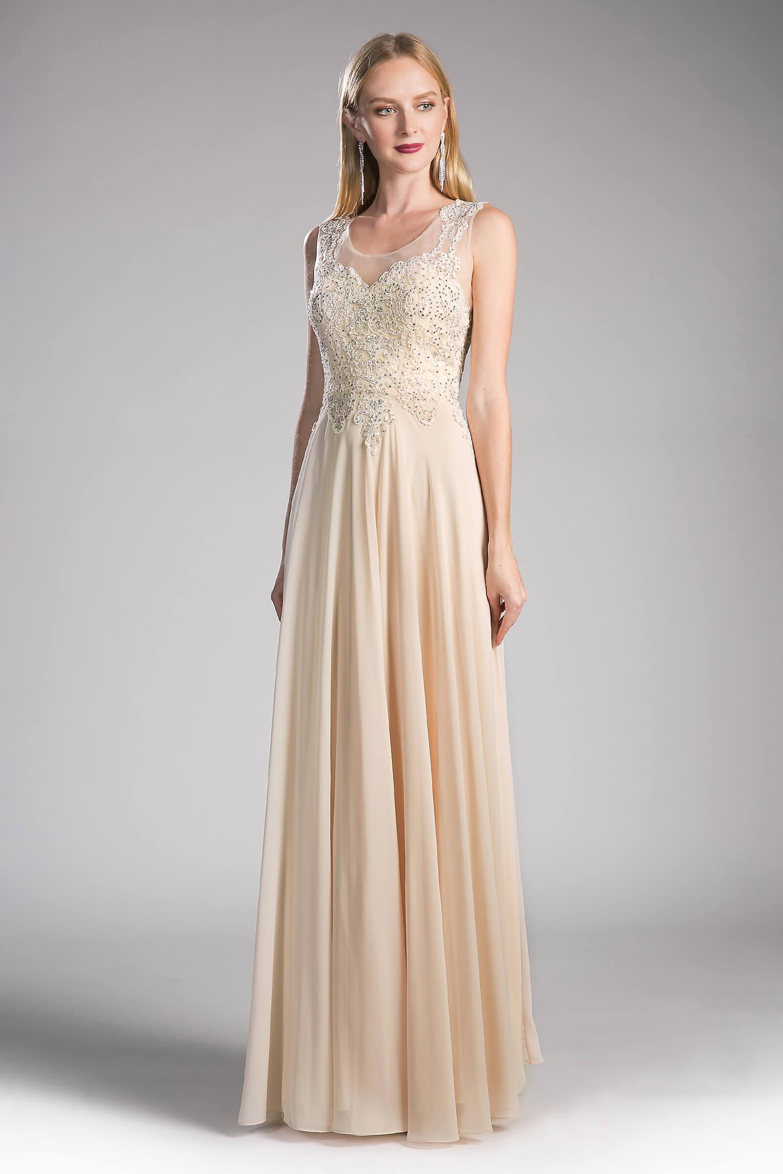 Long Jewel Embellished Formal Prom Gown Champagne