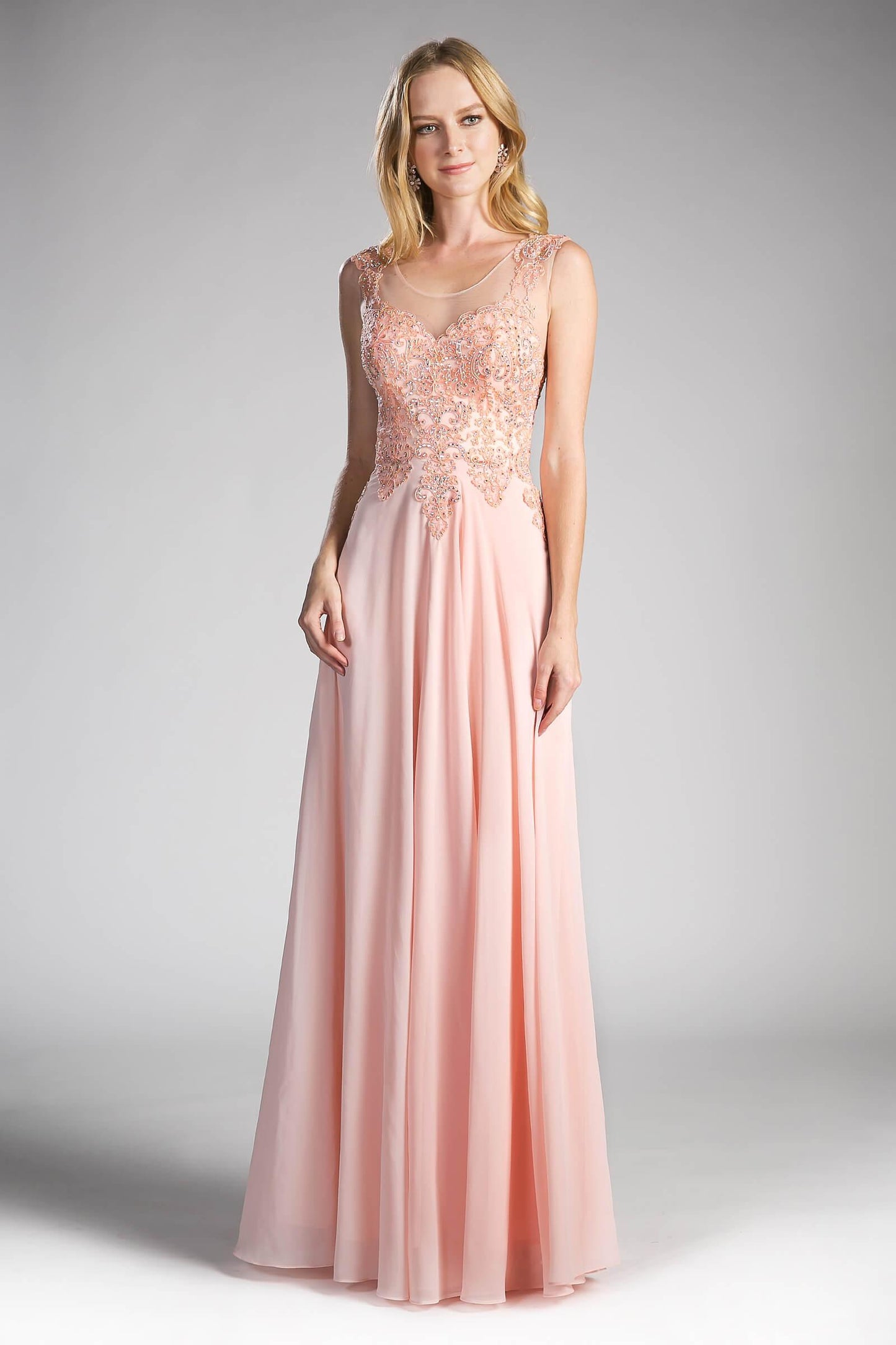 Long Jewel Embellished Formal Prom Gown Peach