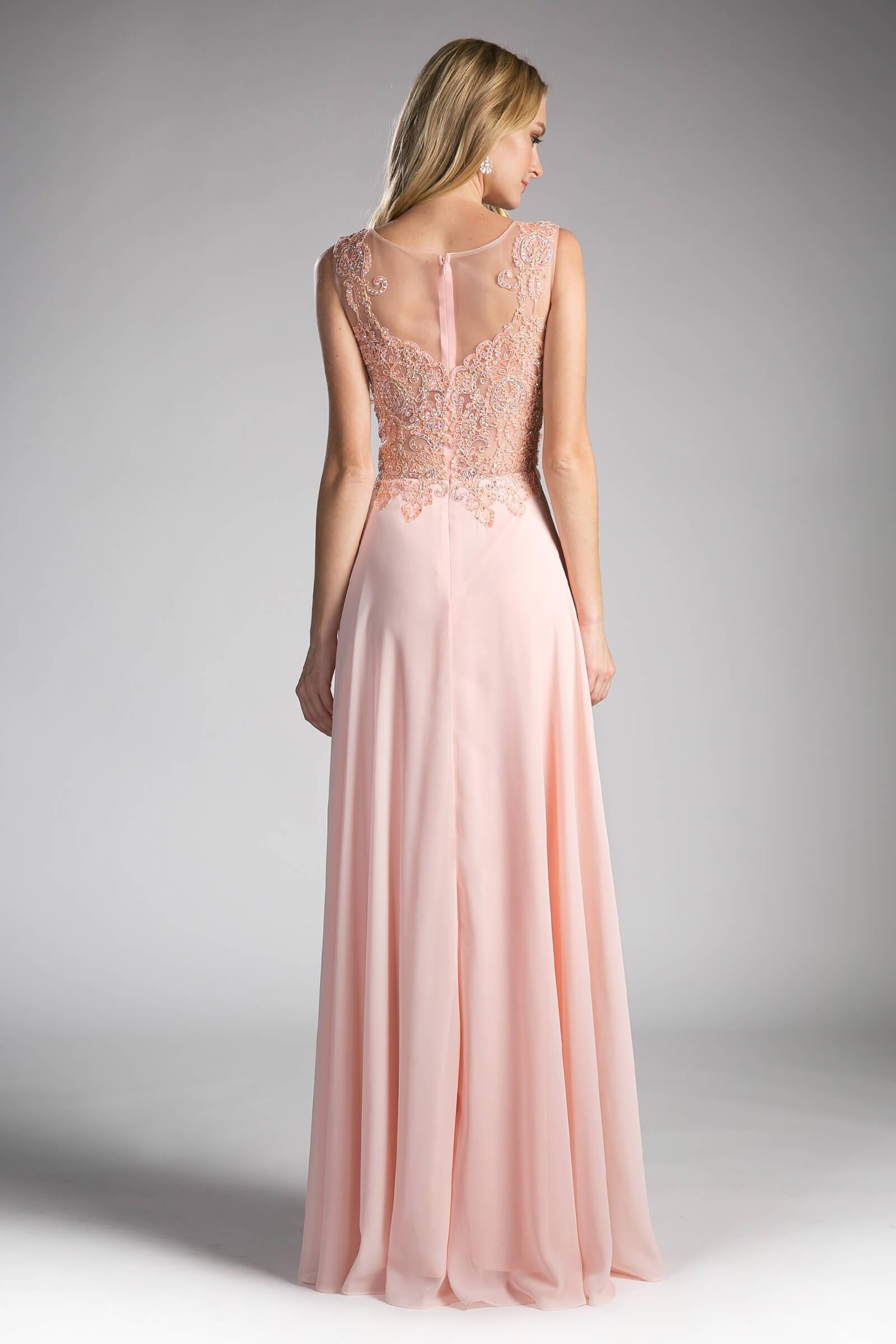 Long Jewel Embellished Formal Prom Gown Peach