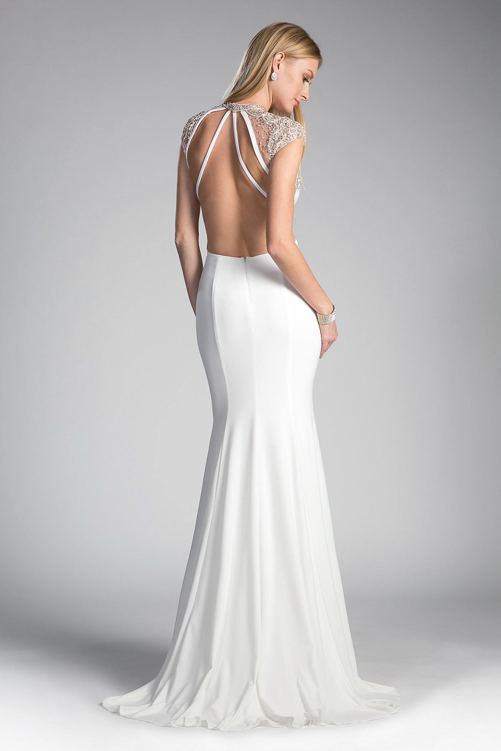 Beaded Stretch Knit Sheath Long Wedding Dress - The Dress Outlet