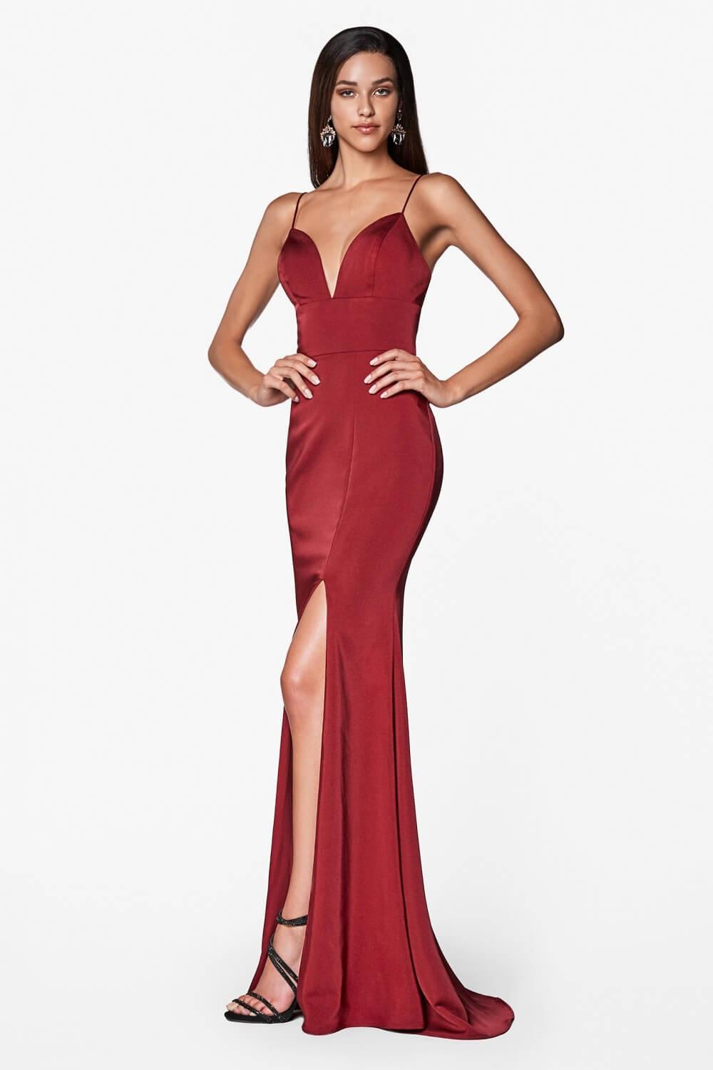 Long Sleeveless V Neck High Slit Prom Dress Evening Gown Burgundy