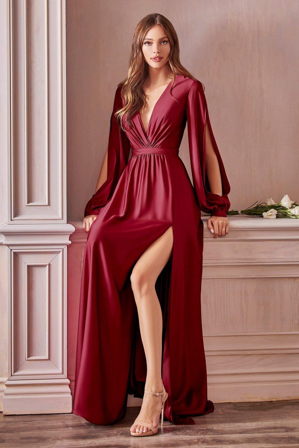 Formal Long Sleeve Dress Evening Gown Burgundy