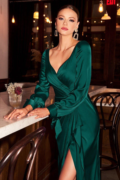 Satin Long Sleeve  Prom Dress Emerald