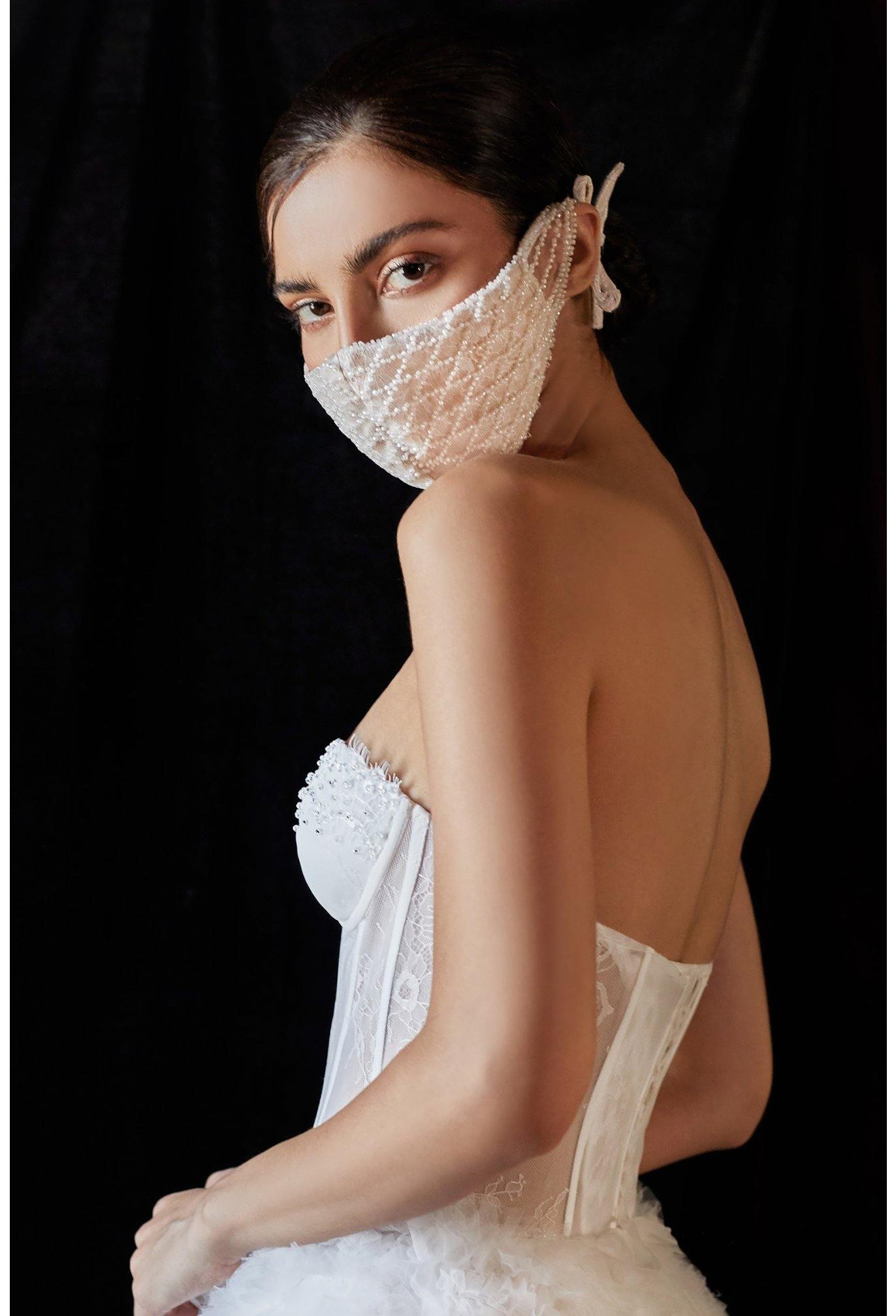 Beaded Off White Nude Formal Face Mask - The Dress Outlet