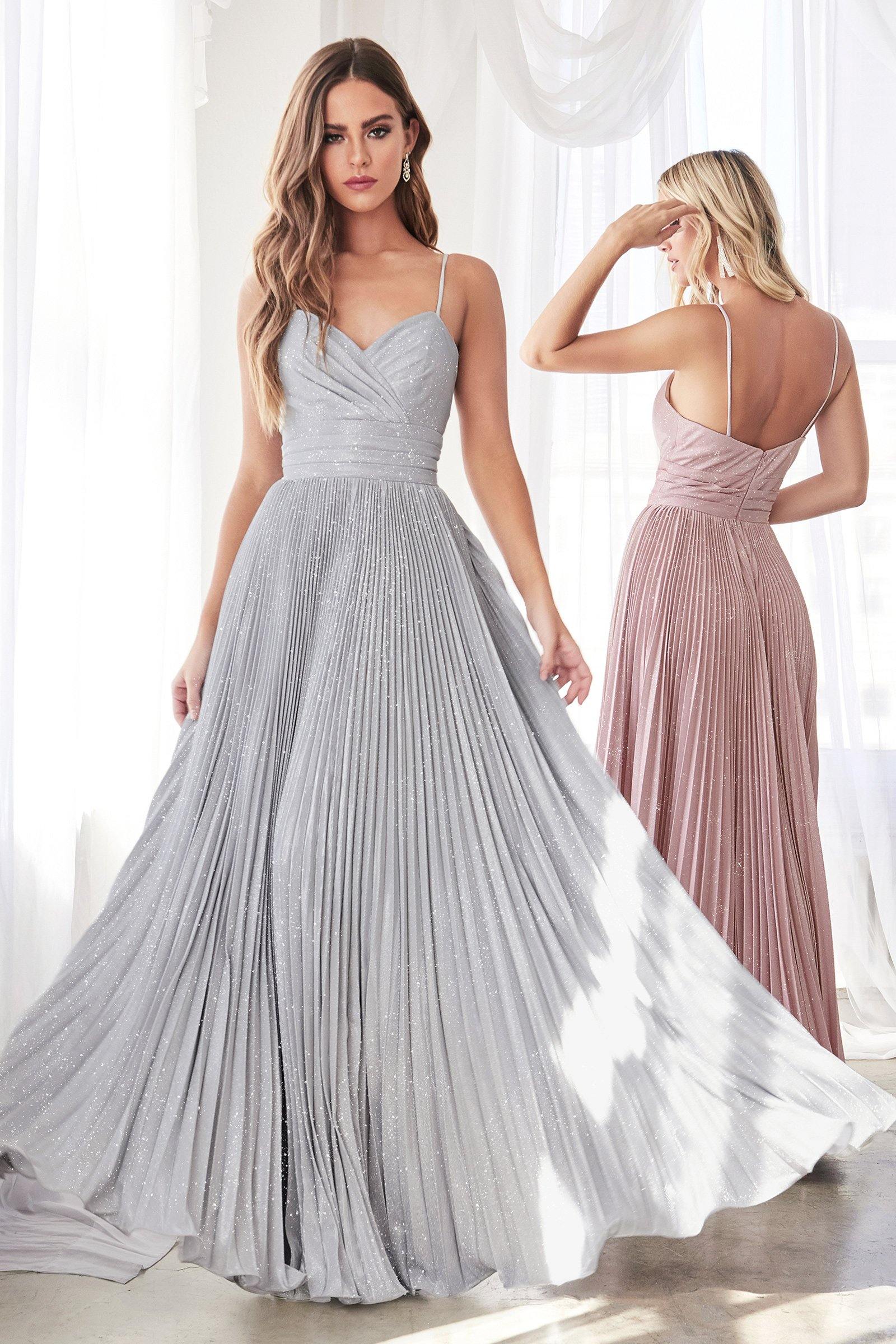 Prom Long Formal Metallic Glitter Pleated Dress - The Dress Outlet Cinderella Divine