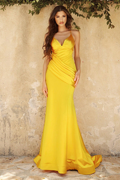 Long Satin Fitted Prom Formal Dress Marigold