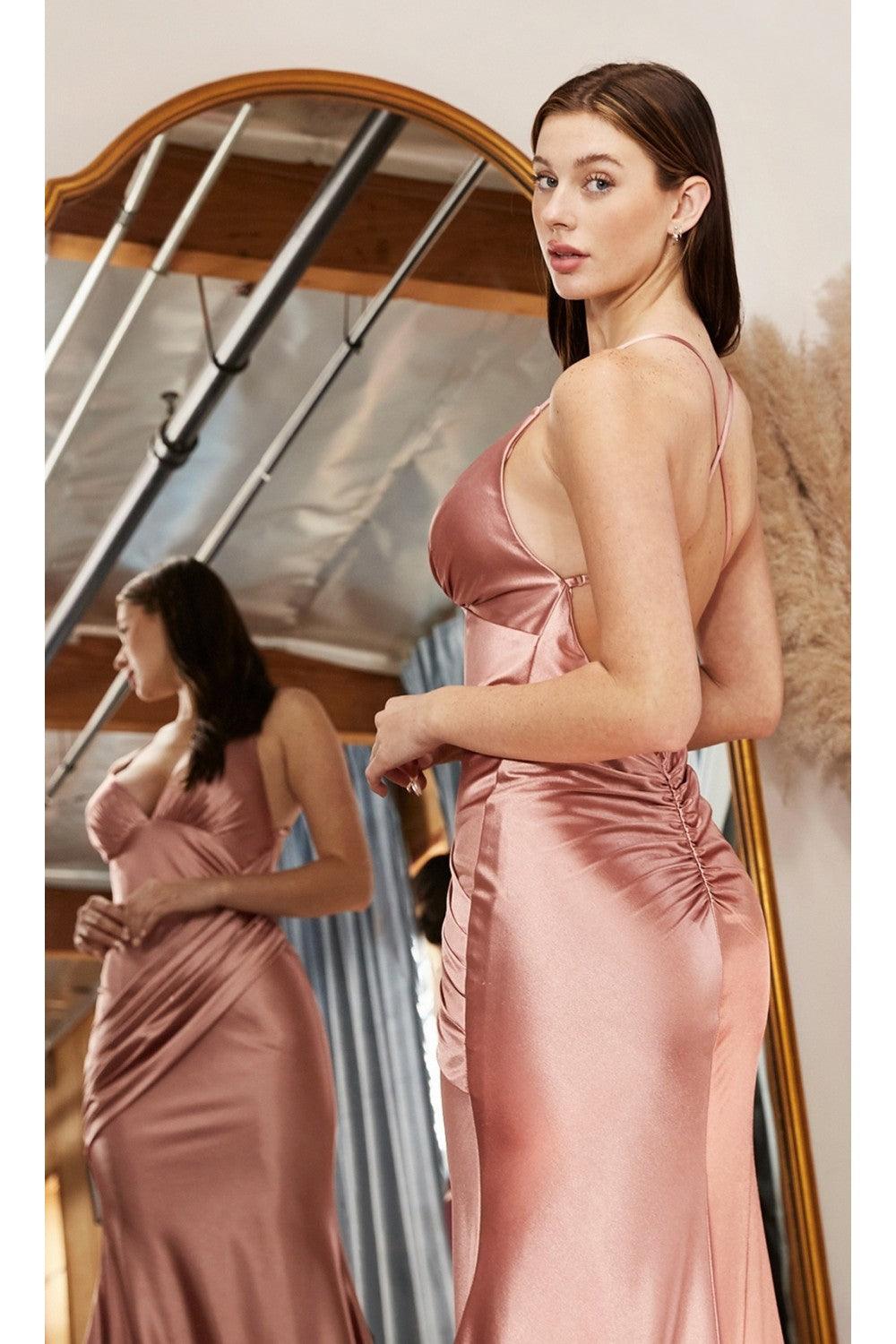 Long Satin Fitted Prom Formal Dress Dusty Rose