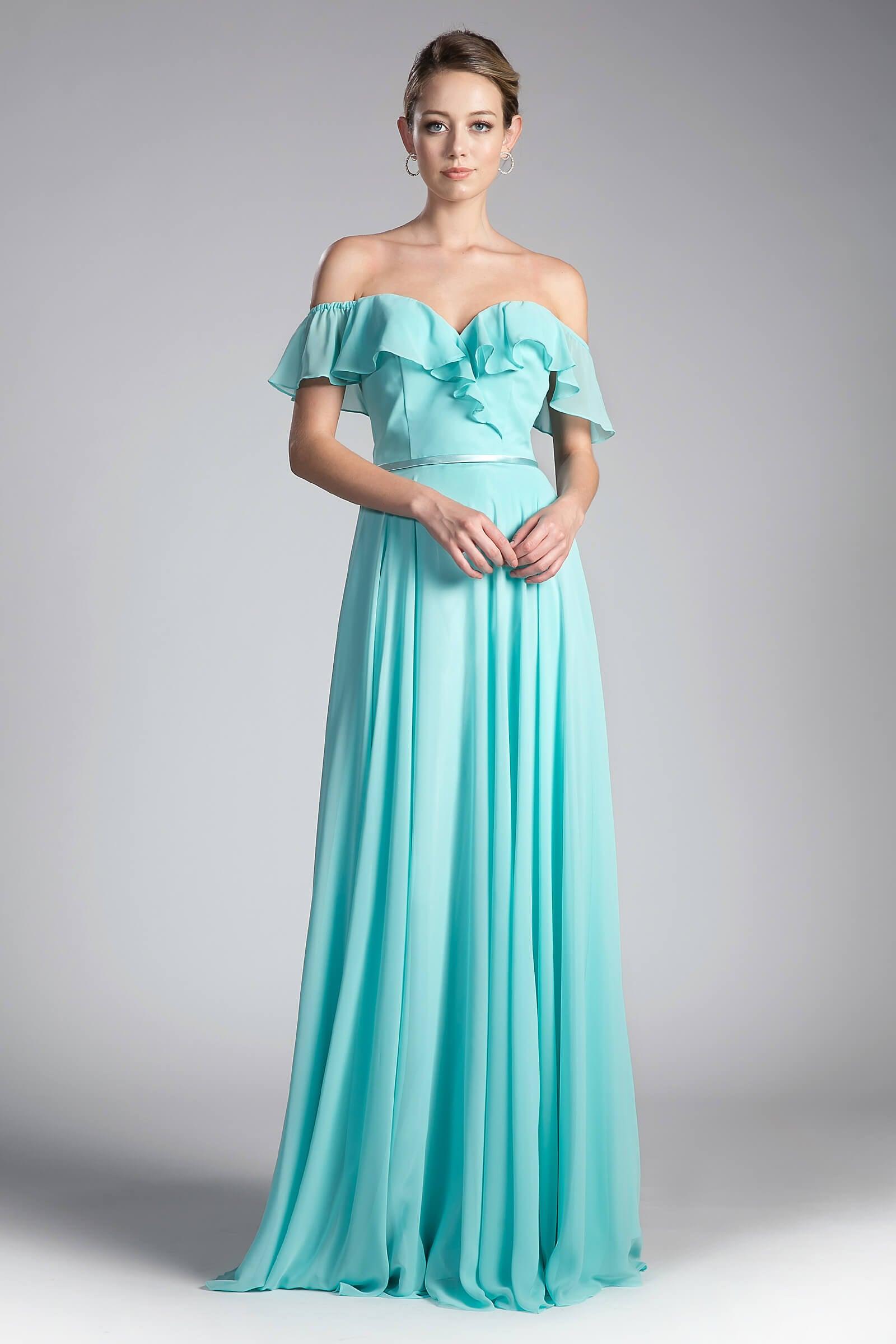 Off Shoulder Ruffled Chiffon Empire Waist Formal Dress - The Dress Outlet Cinderella Divine