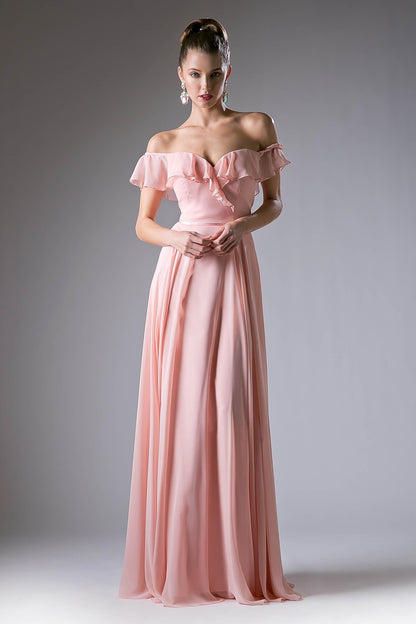 Off Shoulder Ruffled Chiffon Empire Waist Formal Dress - The Dress Outlet