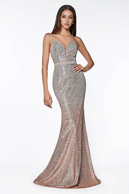 Long Glitter Metallic Prom Gown - The Dress Outlet Cinderella Divine
