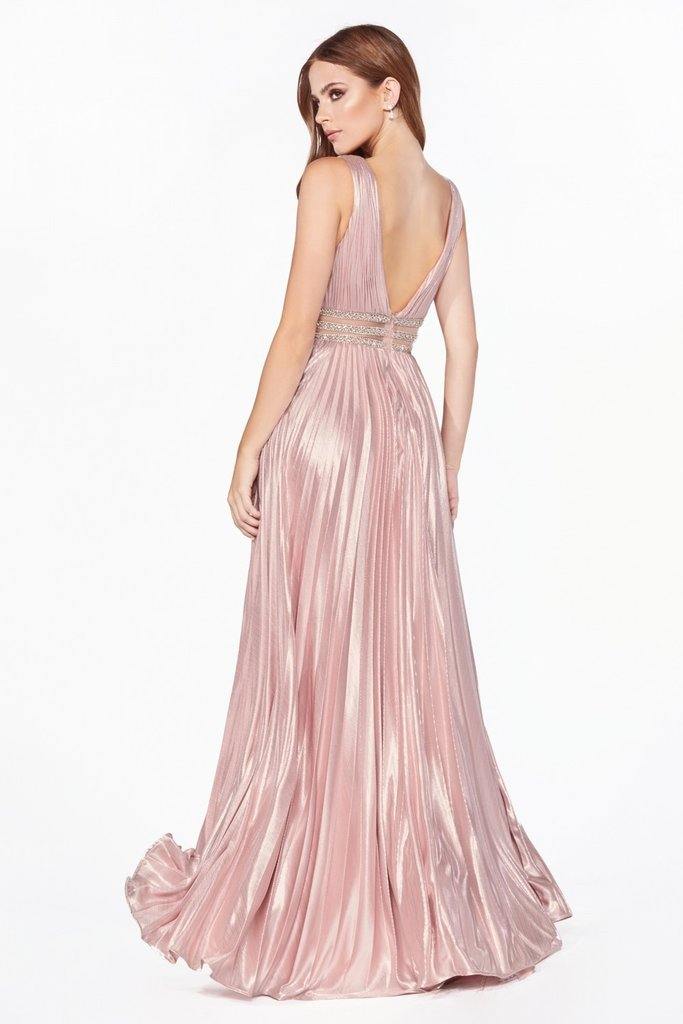 Long Formal Sleeveless Metallic Pleated Prom Dress - The Dress Outlet