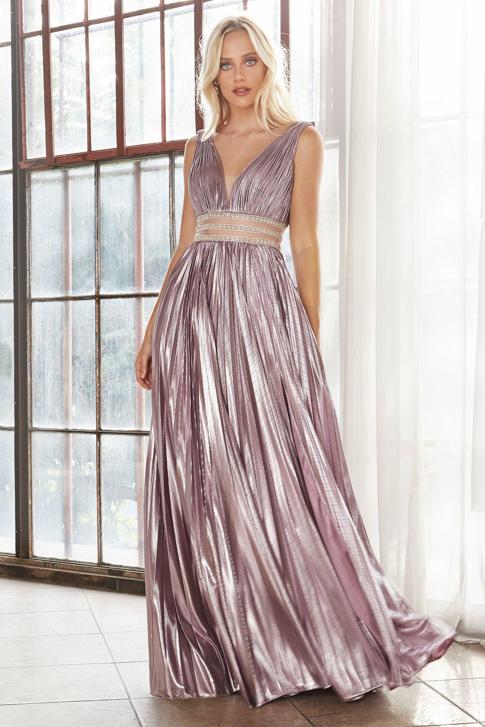 Long Formal Sleeveless Metallic Pleated Prom Dress - The Dress Outlet Cinderella Divine