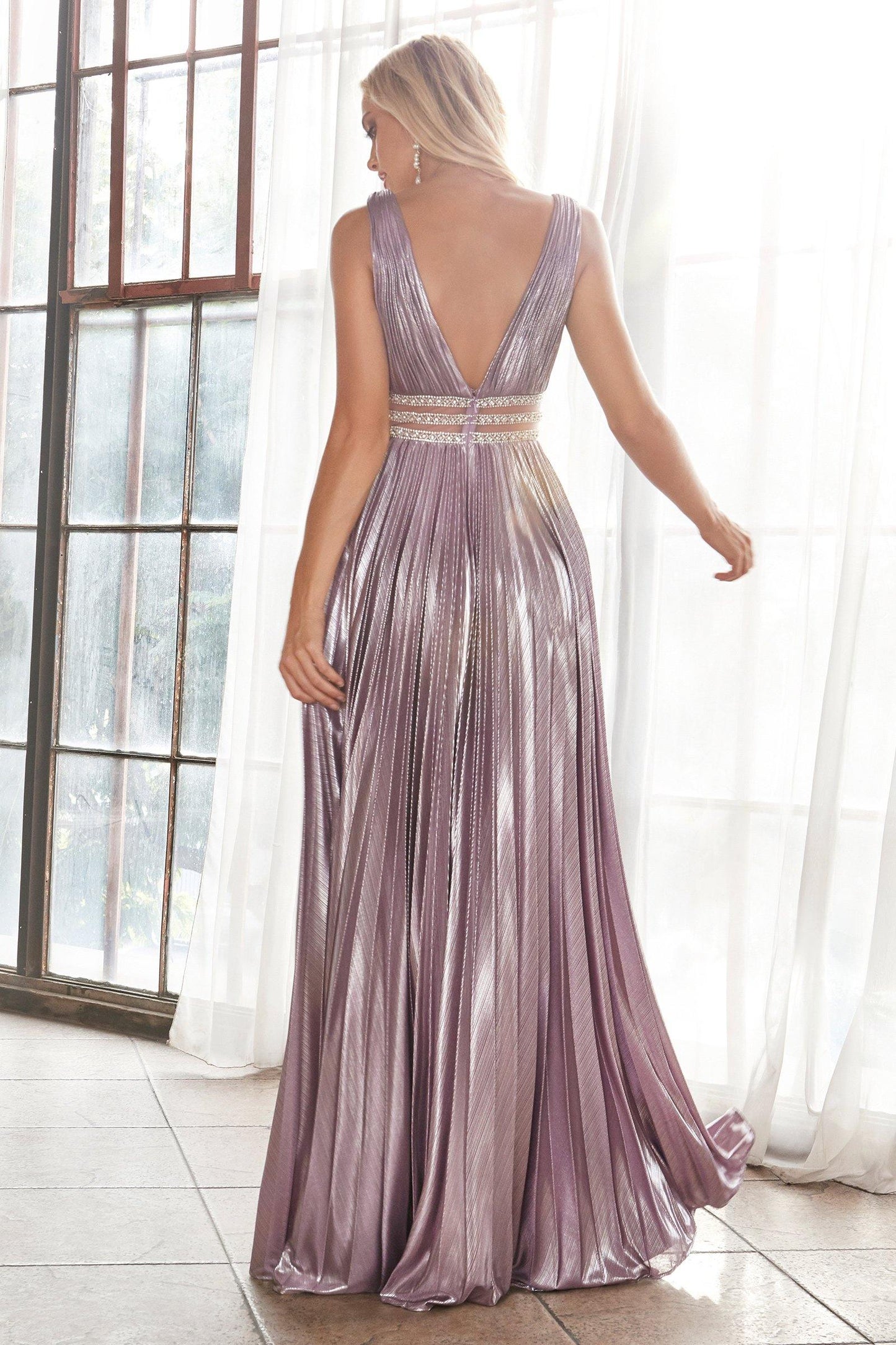 Long Formal Sleeveless Metallic Pleated Prom Dress - The Dress Outlet Cinderella Divine