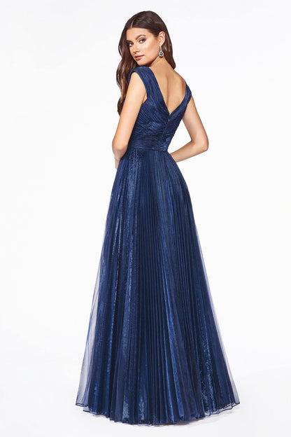 Long Formal Pleated Metallic Evening Prom Dress - The Dress Outlet