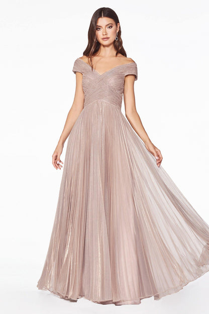 Long Formal Pleated Metallic Evening Prom Dress - The Dress Outlet Cinderella Divine