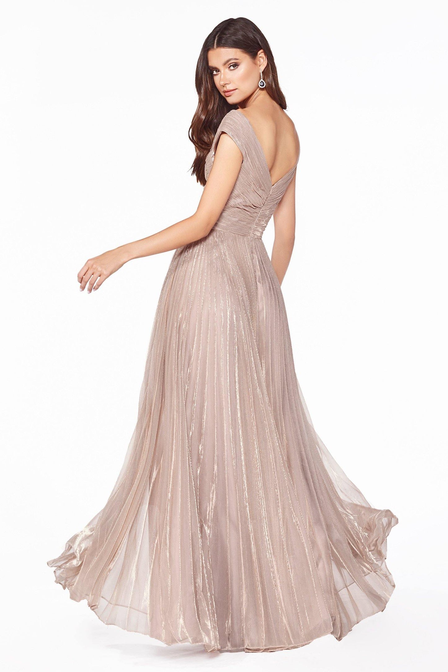 Long Formal Pleated Metallic Evening Prom Dress - The Dress Outlet Cinderella Divine