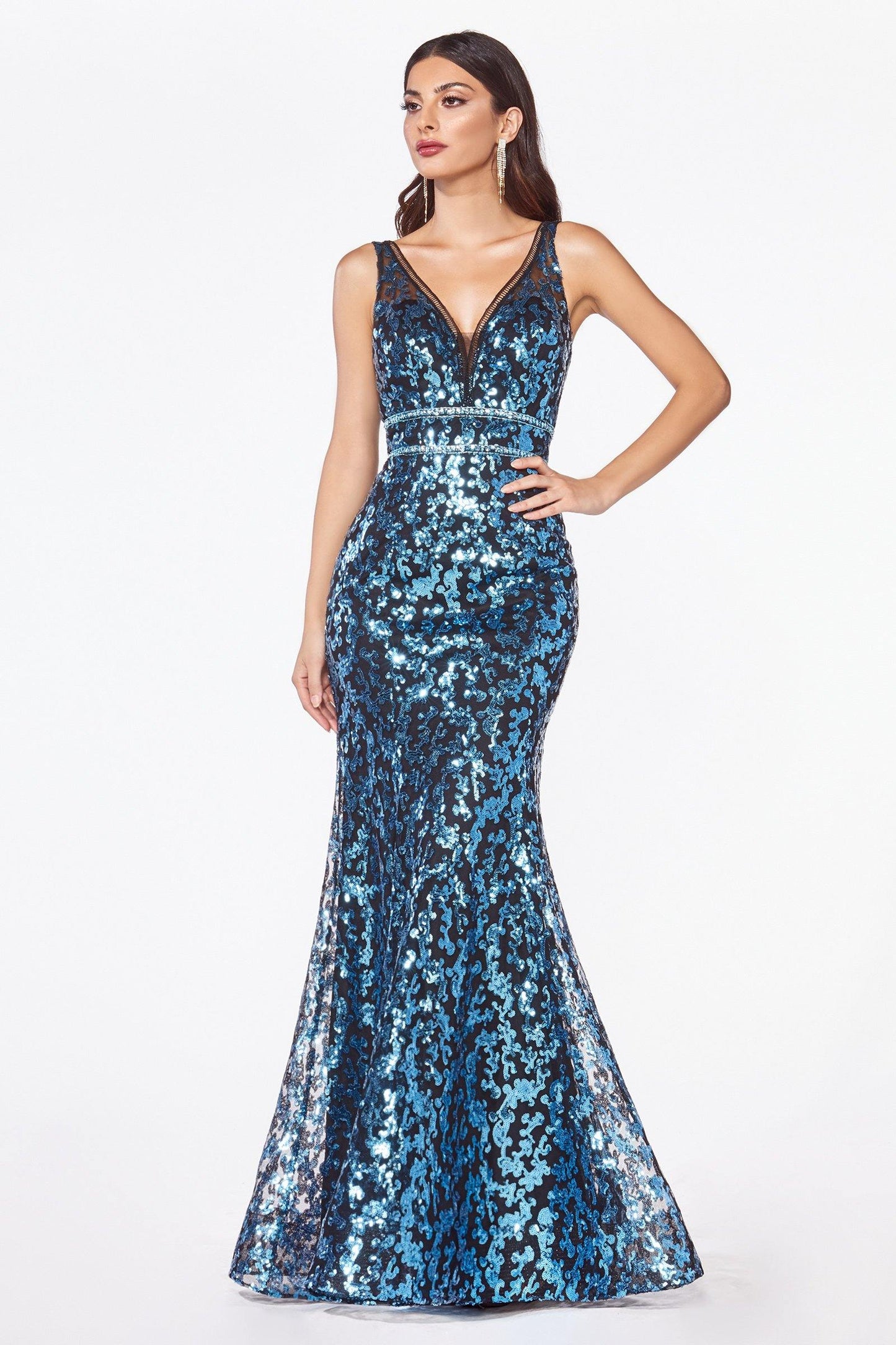 Long Formal Metallic Sequin Print Evening Prom Gown - The Dress Outlet Cinderella Divine