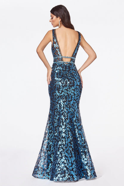 Long Formal Metallic Sequin Print Evening Prom Gown - The Dress Outlet