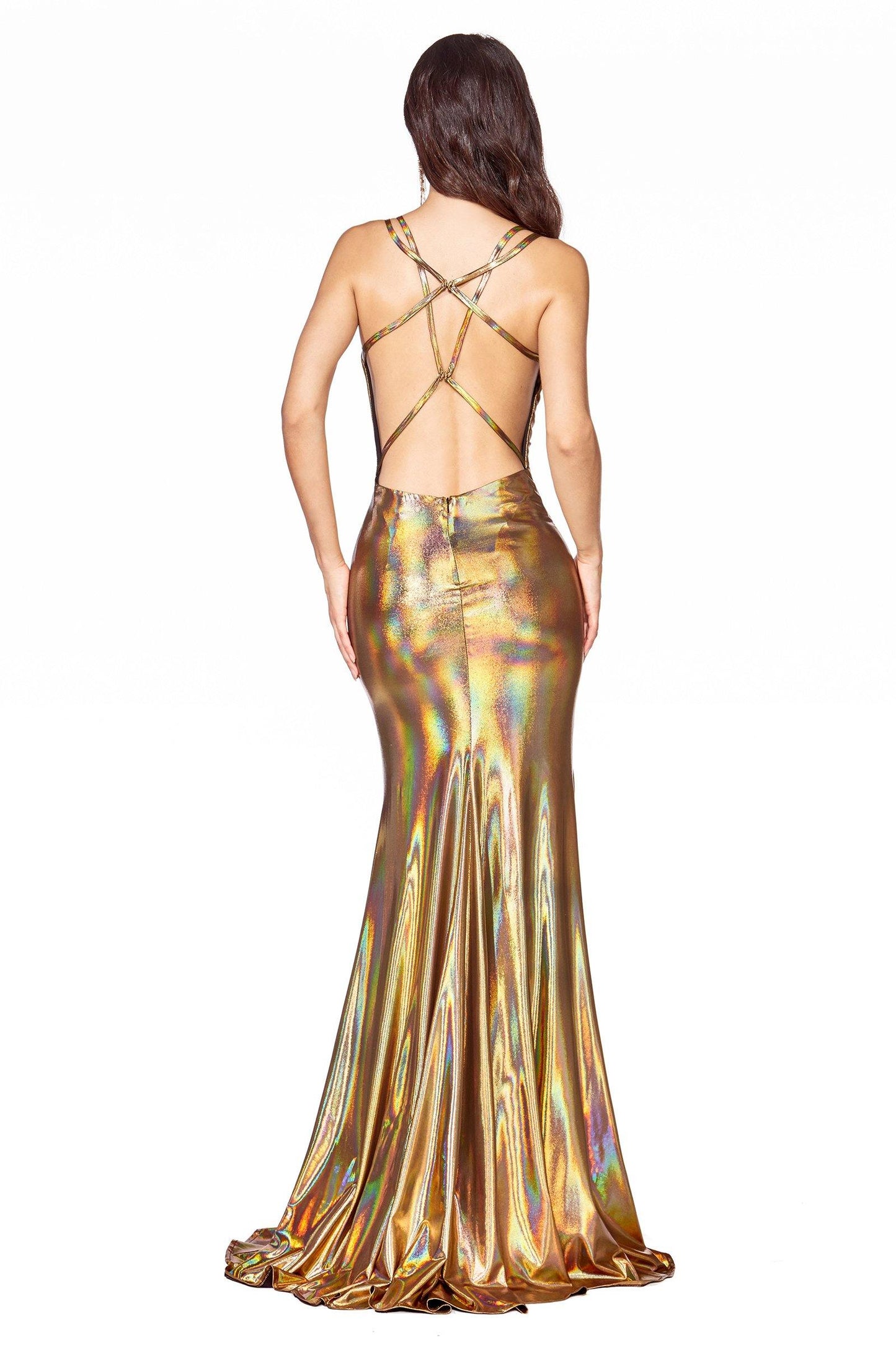 Long Formal Metallic Spaghetti Strap Prom Dress - The Dress Outlet