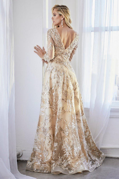 Long Sleeve Gold Formal Dress - The Dress Outlet
