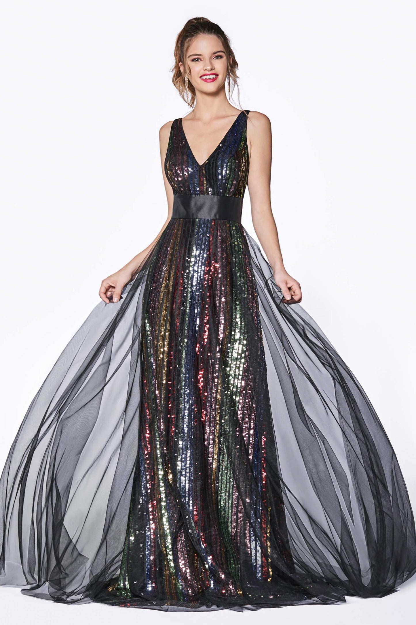 Long Multi Color Sequins Prom Gown - The Dress Outlet Cinderella Divine
