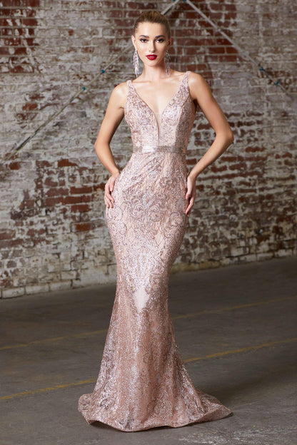 Long Formal Sleeveless Glitter Print Prom Dress - The Dress Outlet Cinderella Divine