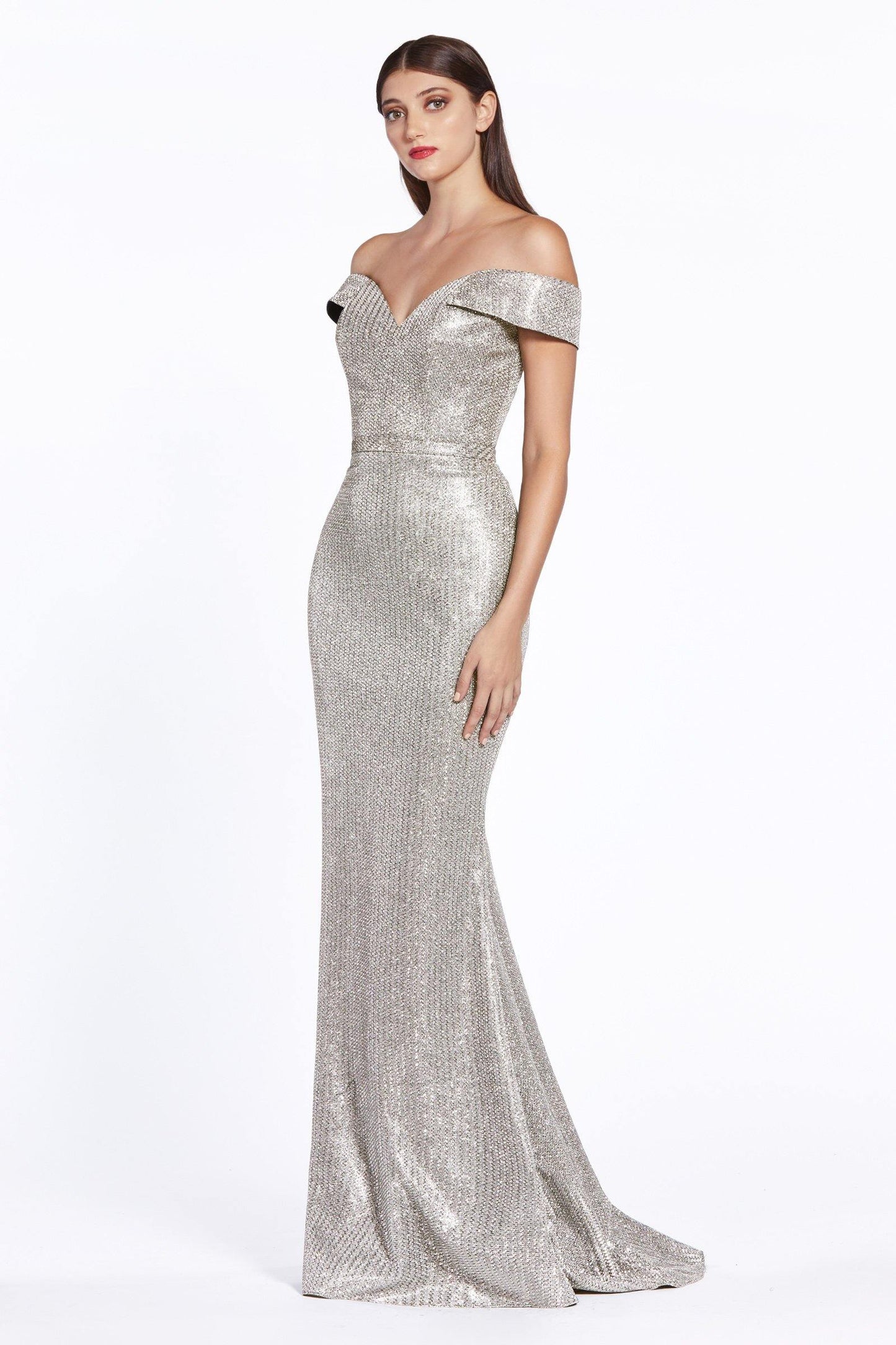 Long Formal Off Shoulder Metallic Prom Dress - The Dress Outlet Cinderella Divine