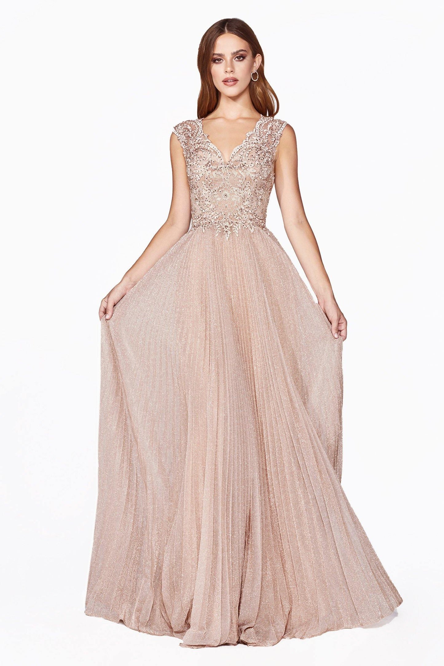 Long Formal Metallic Pleated Skirt Evening Prom Dress - The Dress Outlet Cinderella Divine
