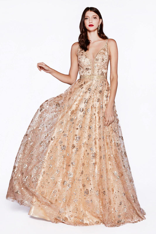 Long Floral Glitter Print Evening Prom Dress Formal - The Dress Outlet Cinderella Divine
