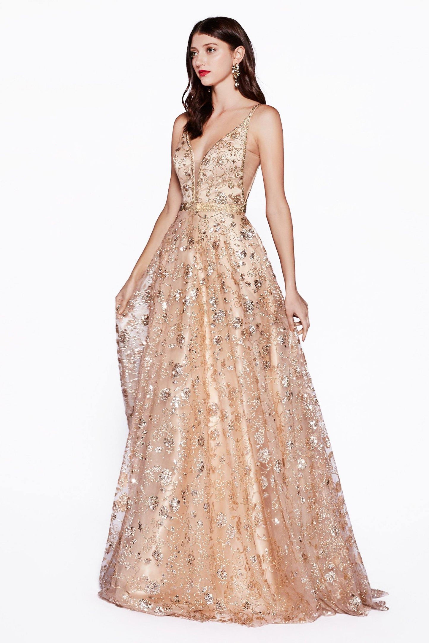 Long Floral Glitter Print Evening Prom Dress Formal - The Dress Outlet Cinderella Divine