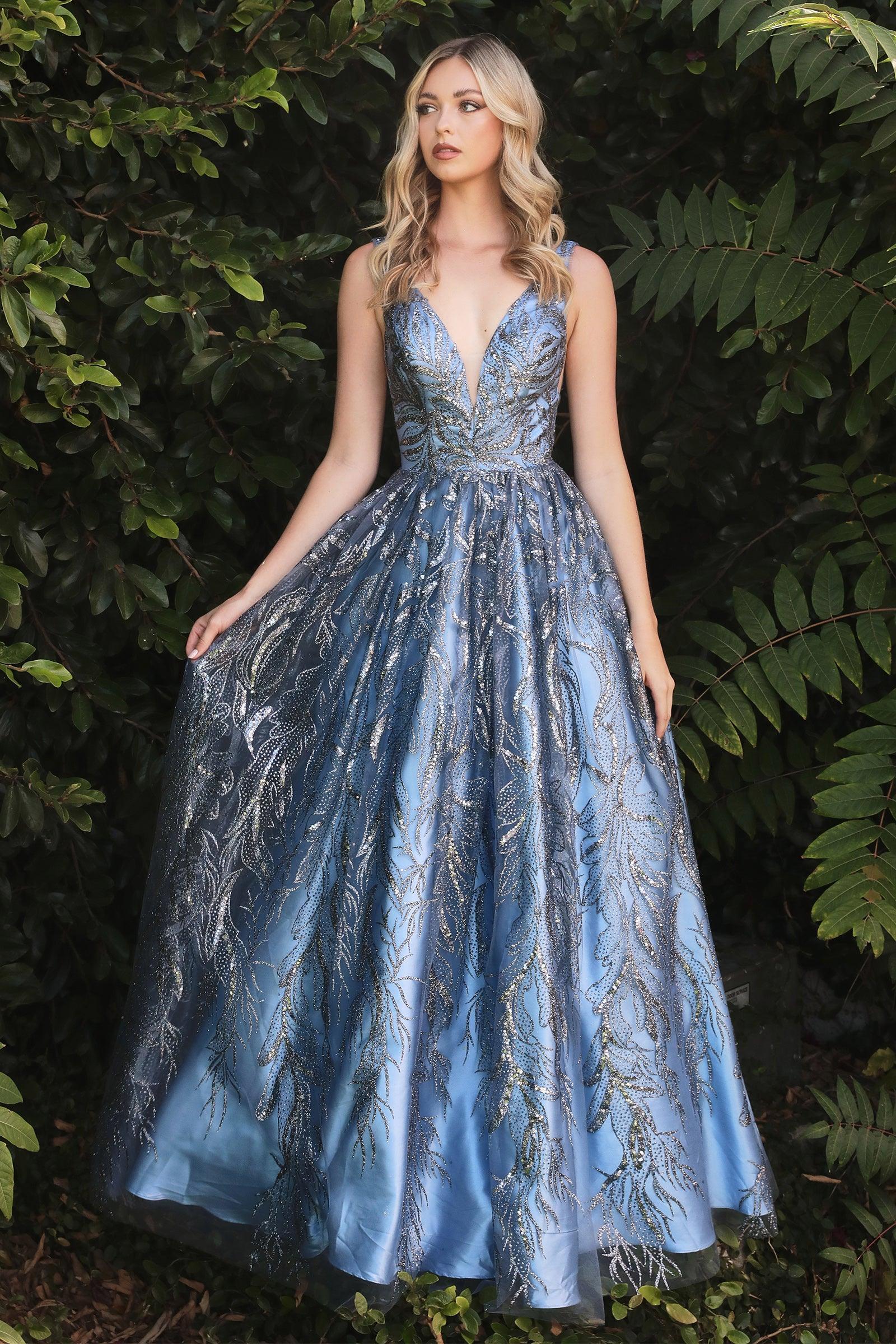 Floral Glitter Long Prom Dress Smoky Blue