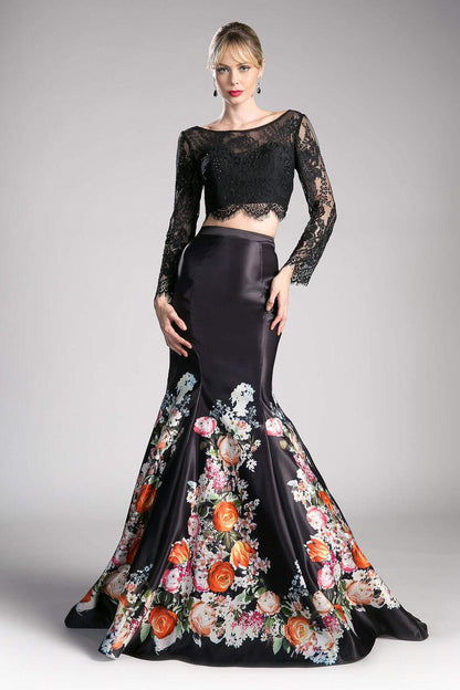 Long Sleeve Two Piece Floral Mermaid Prom Gown Black