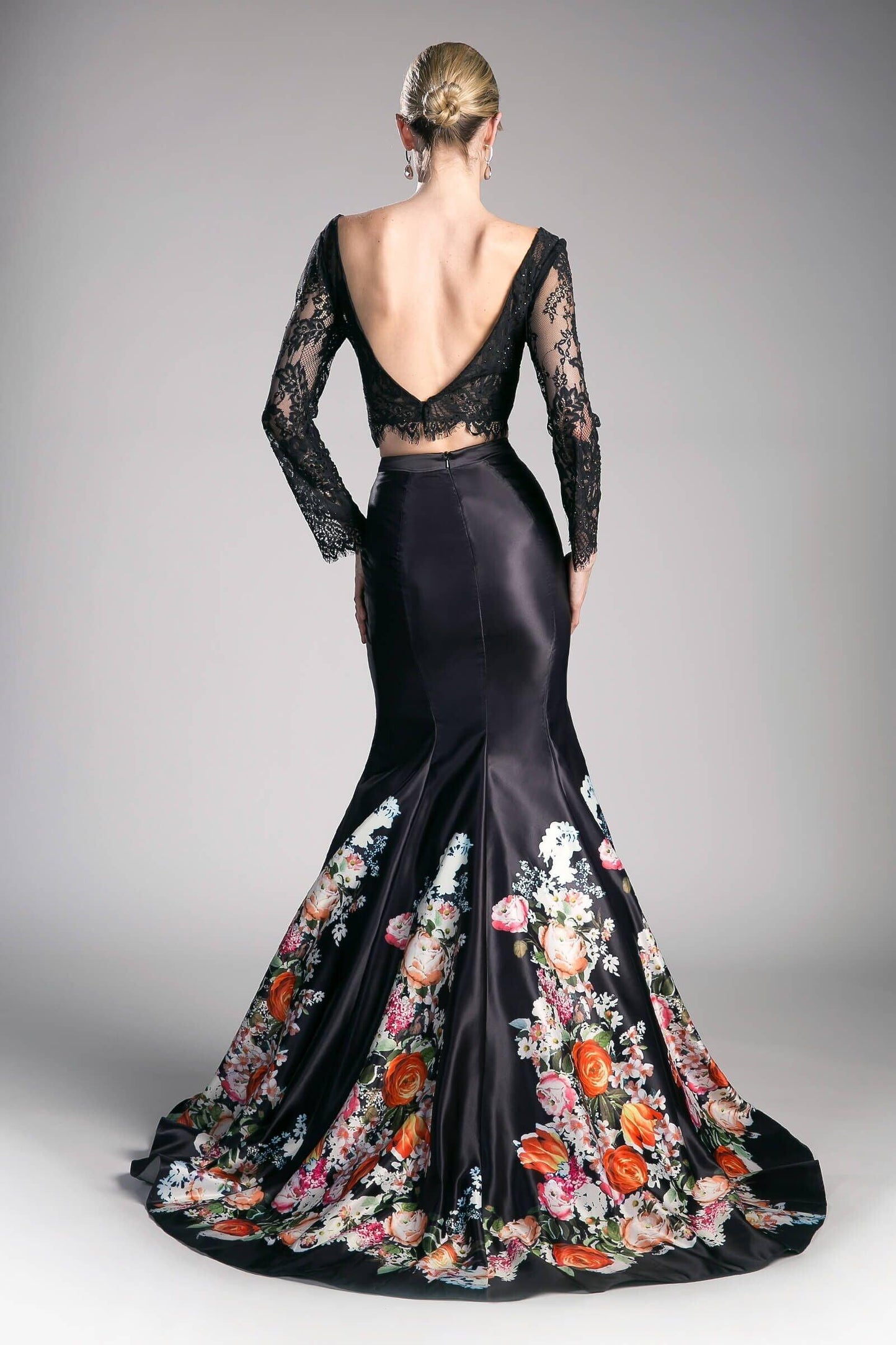 Long Sleeve Two Piece Floral Mermaid Prom Gown Black