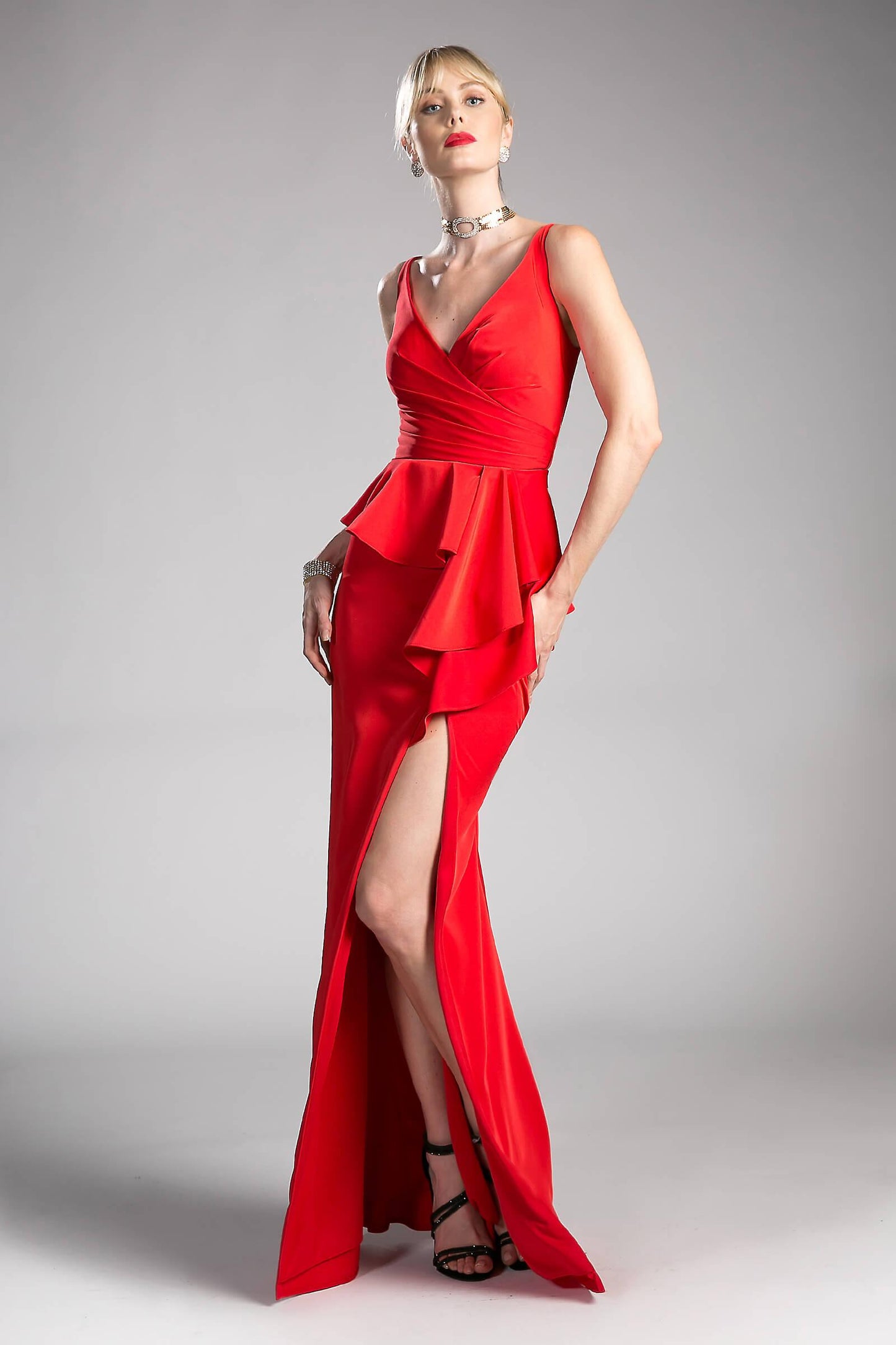 Long High Slit Peplum Formal Dress Prom Gown - The Dress Outlet Cinderella Divine