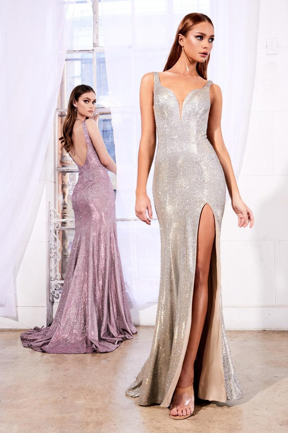 Long Metallic Prom Sexy Slit Gown - The Dress Outlet