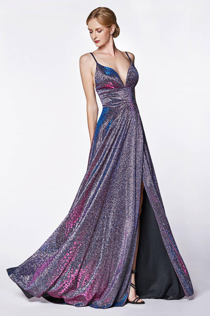 Long Formal Spaghetti Strap Deep V-Neck Glitter Prom Dress - The Dress Outlet Cinderella Divine
