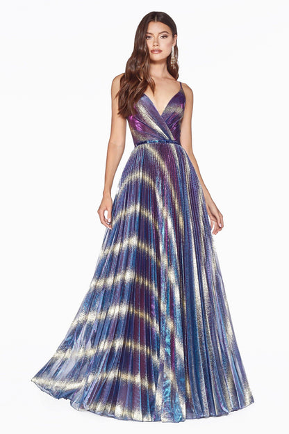 Prom Long Formal Pleated Metallic Print Dress - The Dress Outlet Cinderella Divine