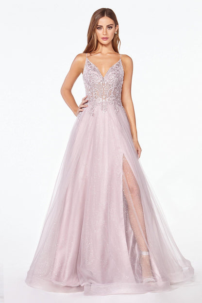 Long Prom Glitter Spaghetti Strap Formal Dress - The Dress Outlet Cinderella Divine