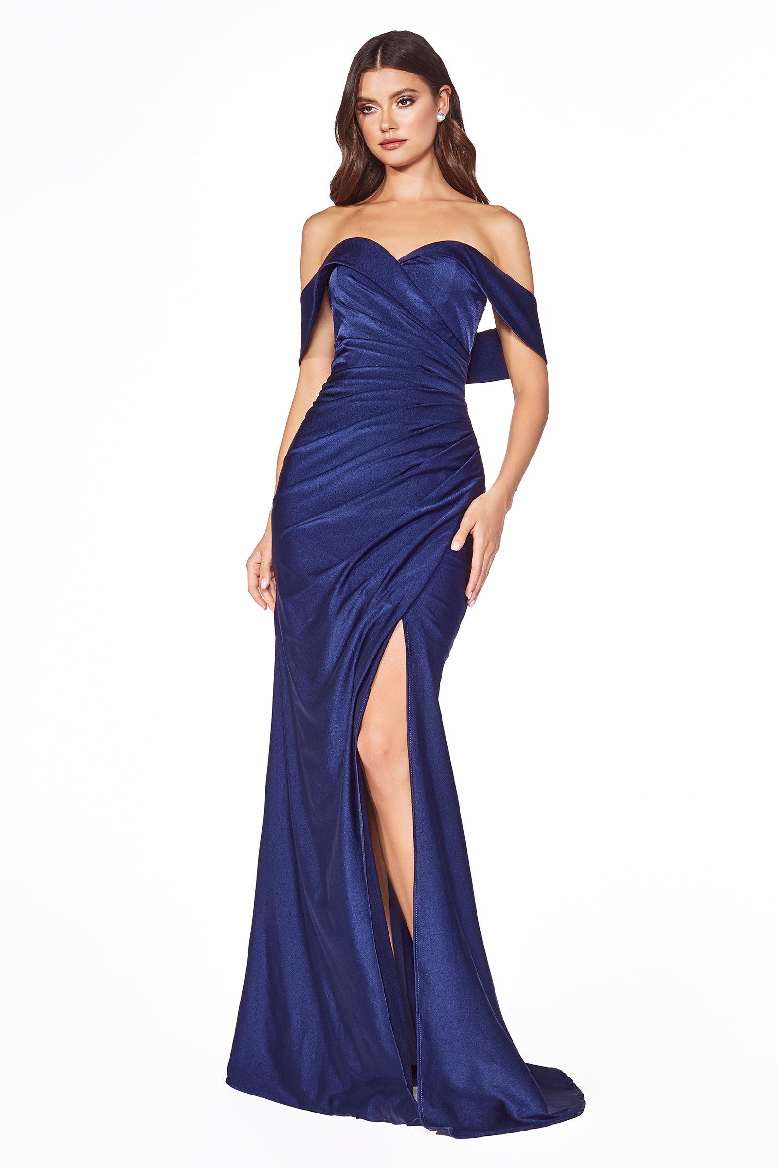 Long Off Shoulder Fitted Evening Prom Dress Navy