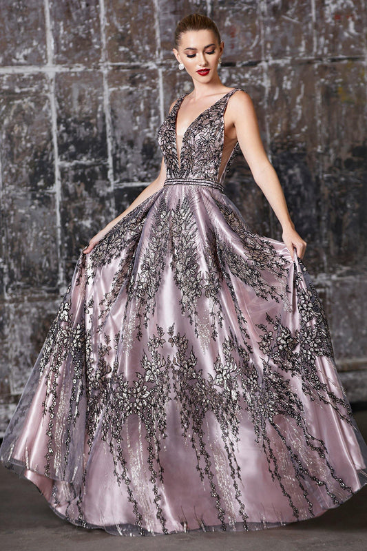 Long Prom Formal Glitter Floral Evening Dress - The Dress Outlet Cinderella Divine