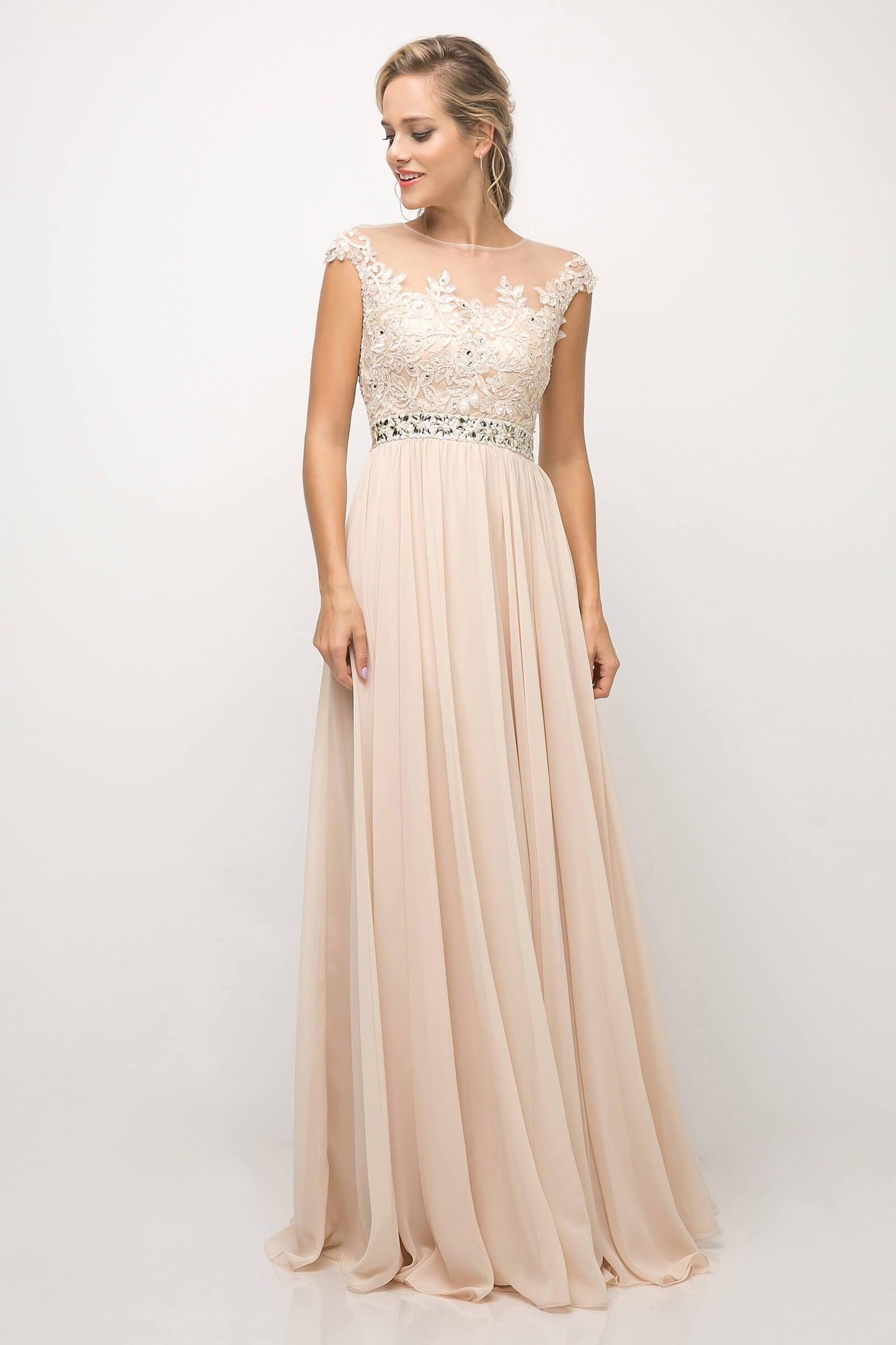 Cap Sleeve Formal Dress Chiffon Prom Long Gown - The Dress Outlet Cinderella Divine