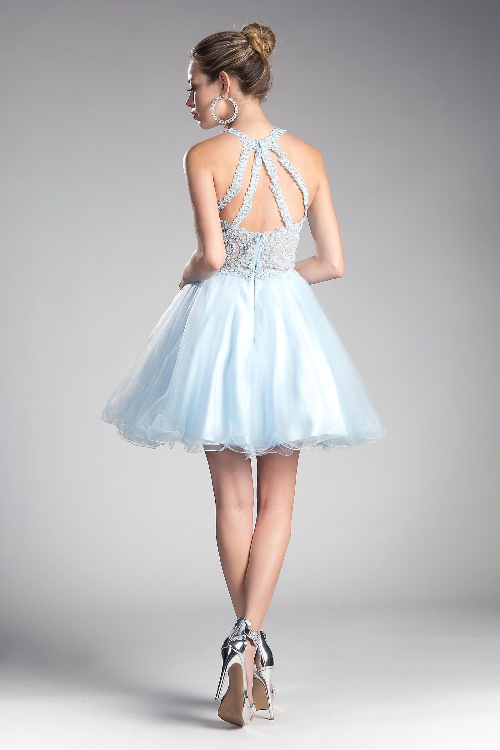 Short Prom Halter Lace Bodice Homecoming Dress - The Dress Outlet Cinderella Divine