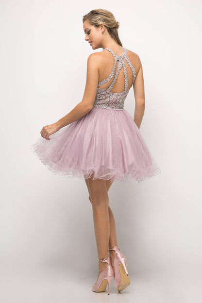 Short Prom Halter Lace Bodice Homecoming Dress - The Dress Outlet Cinderella Divine