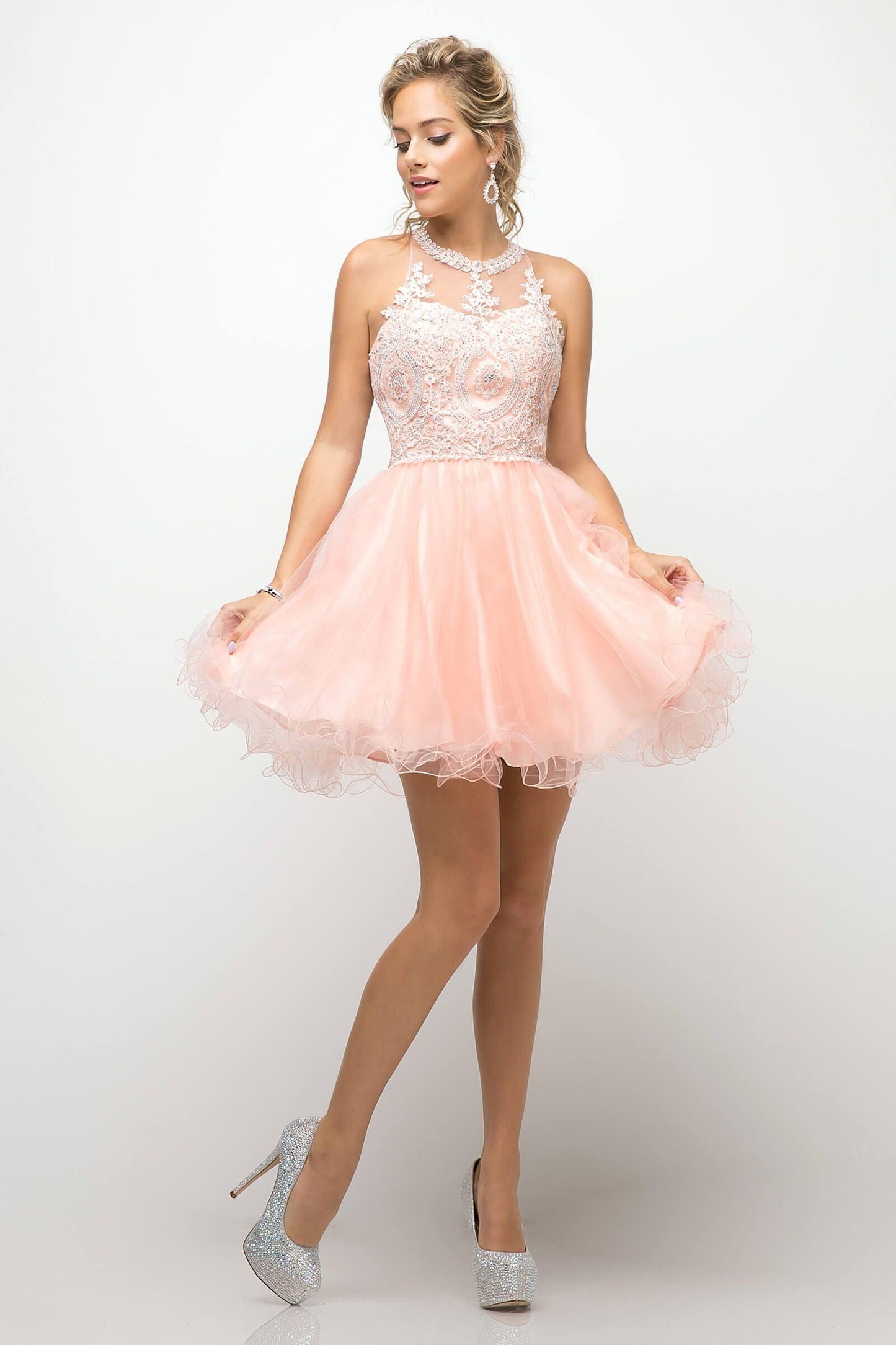 Short Prom Halter Lace Bodice Homecoming Dress - The Dress Outlet Cinderella Divine