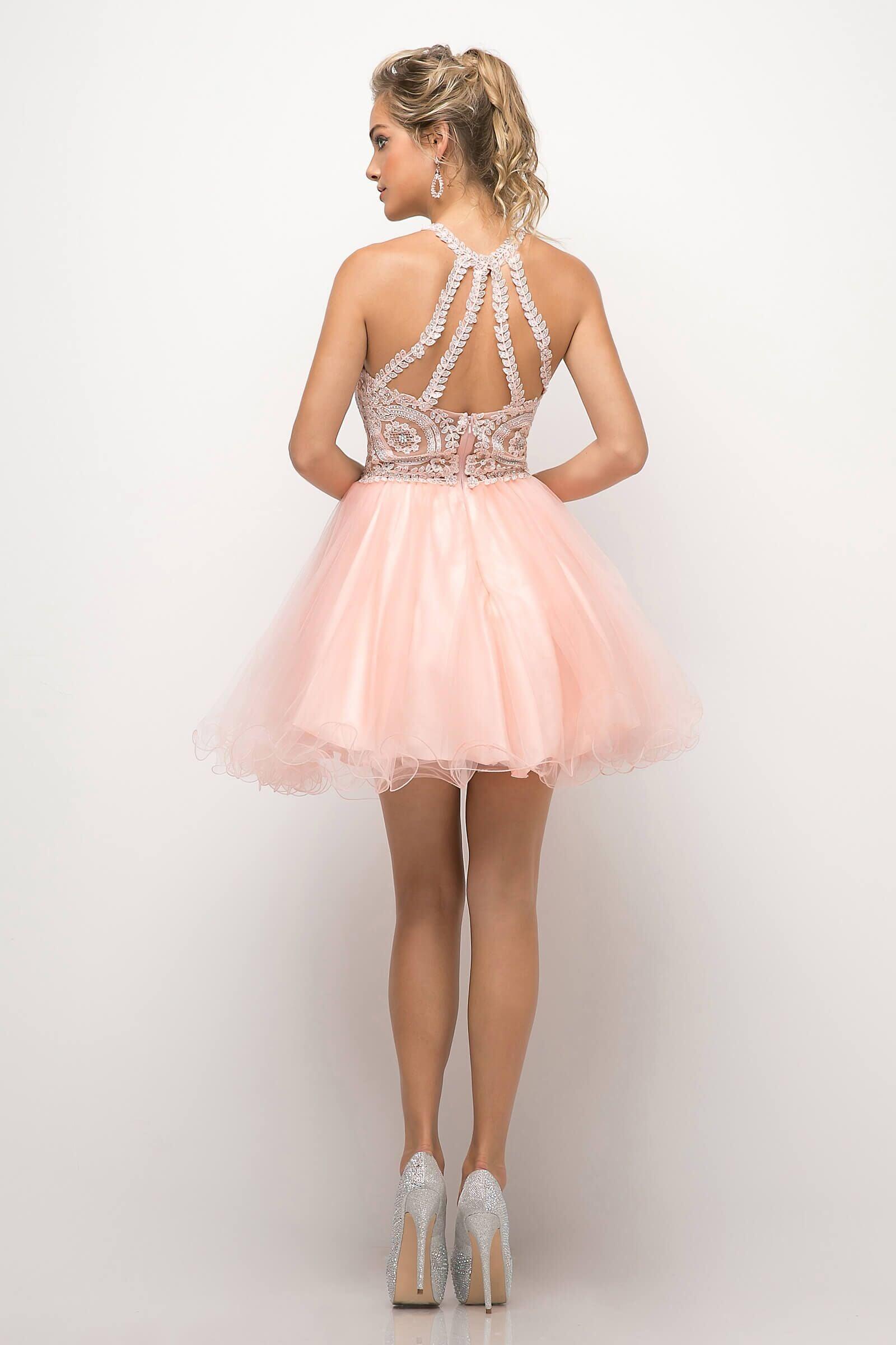 Short Prom Halter Lace Bodice Homecoming Dress - The Dress Outlet Cinderella Divine