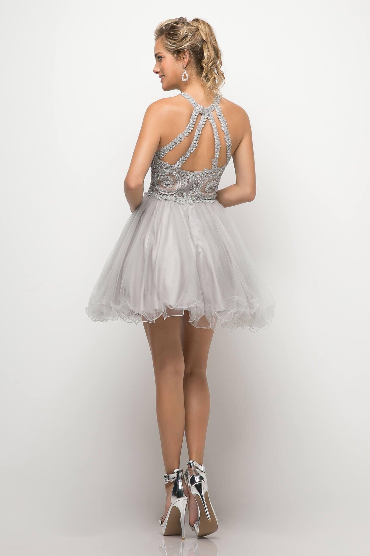 Short Prom Halter Lace Bodice Homecoming Dress - The Dress Outlet Cinderella Divine